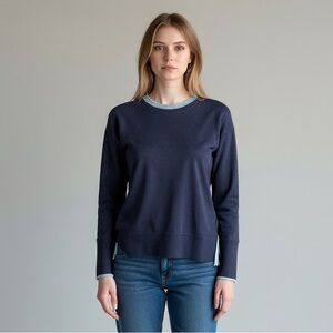 White Stuff Navy Cotton Crew Neck Sweater w/ Contrast Trim